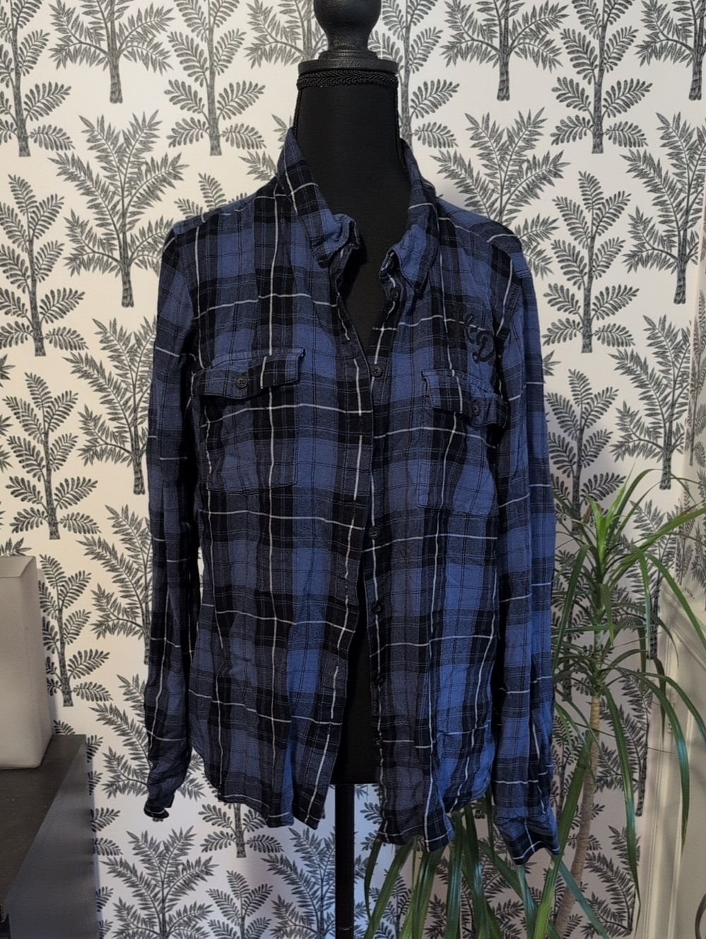 Harley-Davidson Blue and Black Plaid Long-Sleeve Button-Up